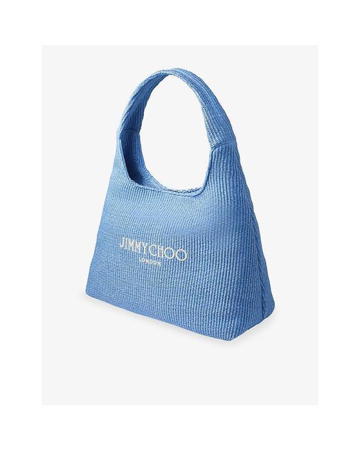Jimmy Choo Blue Beach Diamond Logo-Embroidered Hobo Raffia Bag