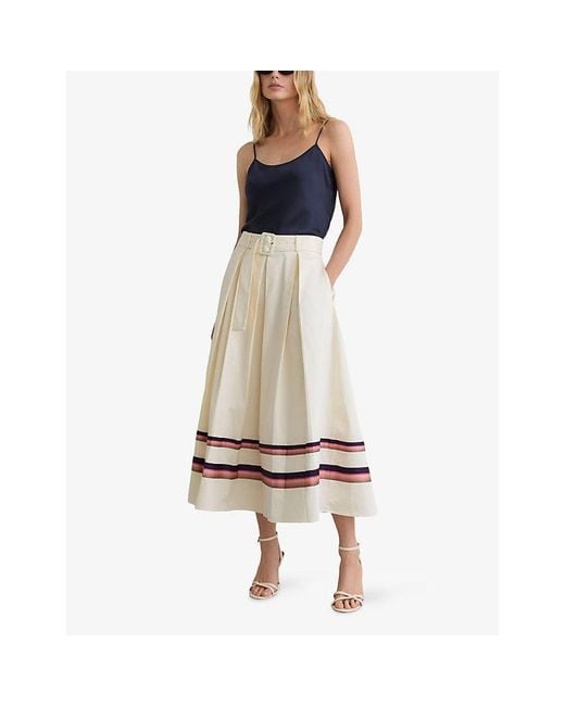 Reiss White Rian Stripe-Print Stretch-Cotton Midi Skirt
