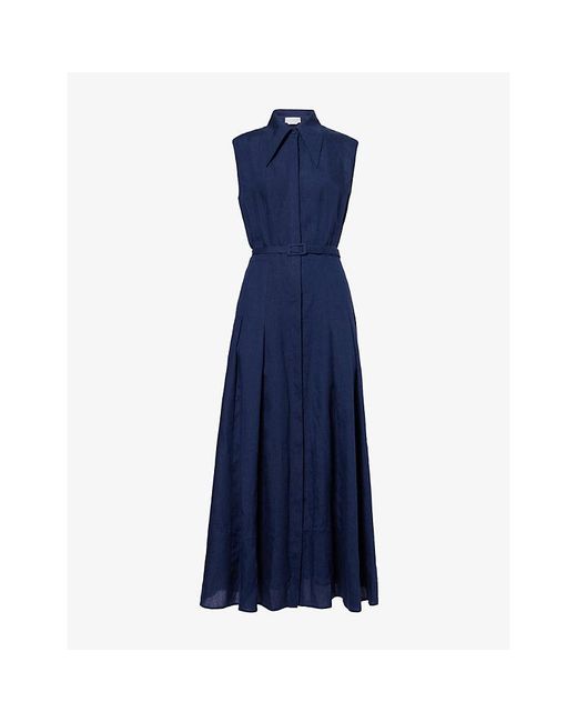 Gabriela Hearst Blue Durand Pointed-Collar Linen Maxi Dress
