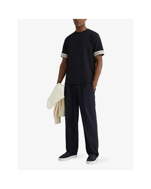 Reiss Blue Aries Striped-Trim Stretch-Woven T-Shirt for men