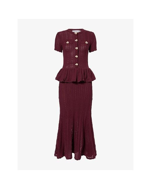 Self-Portrait Red Peplum Pointelle-Knit Cotton Midi Dress