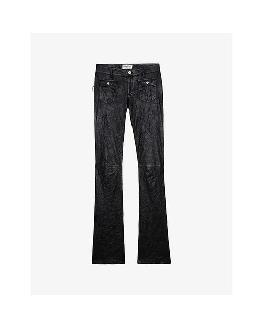 Zadig & Voltaire Black Hippie Mid-rise Flared-leg Creased Leather Trousers