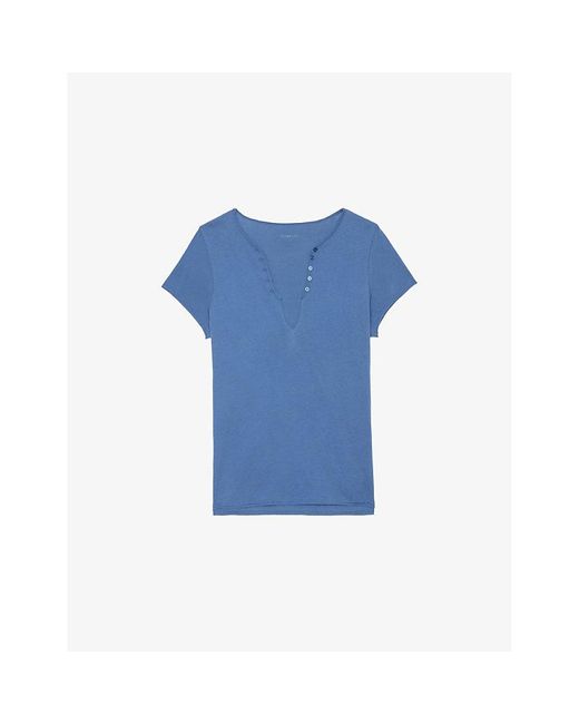 Zadig & Voltaire Blue Regular-Fit Button-Neck Cotton T-Shirt