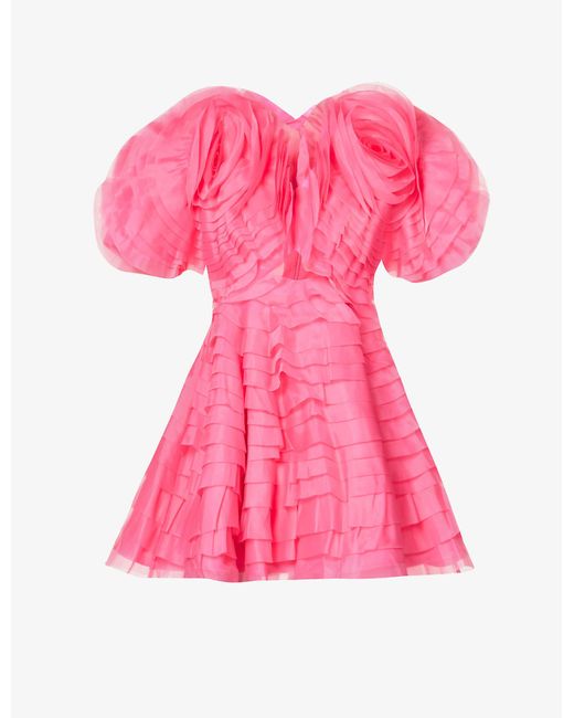 Aje. Pink Floral Berry Amour Ruffled Tulle Mini Dress