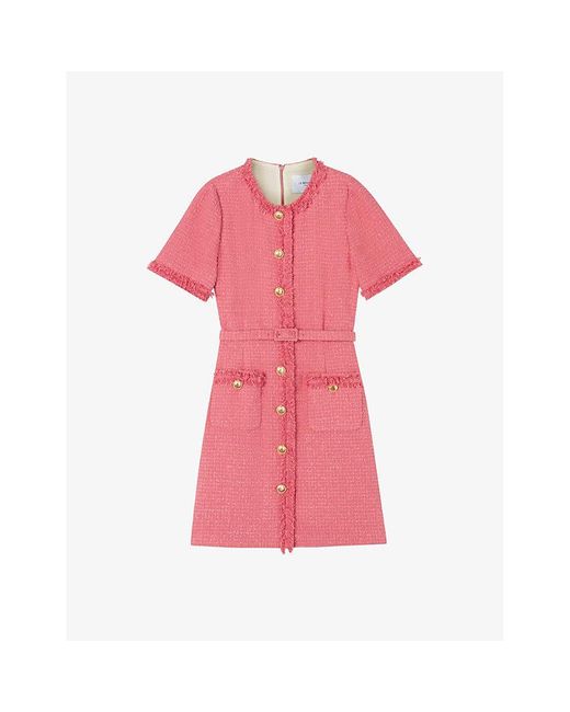 L.K.Bennett Pink Allie Round-neck Belted-waist Tweed Mini Dress