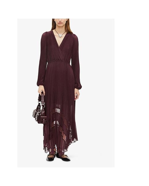 The Kooples Purple Asymmetric-Hem Pleated Woven Maxi Dress