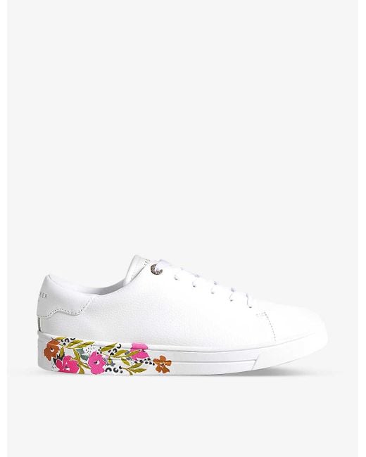 Ted Baker White Sheliie Floral-print Leather-blend Low-top Trainers