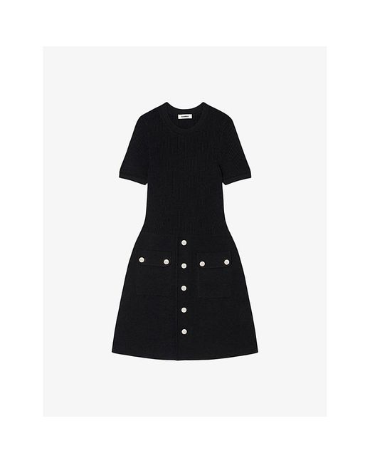Sandro Black Fit-and-flare Patch-pocket Stretch-knit Mini Dress