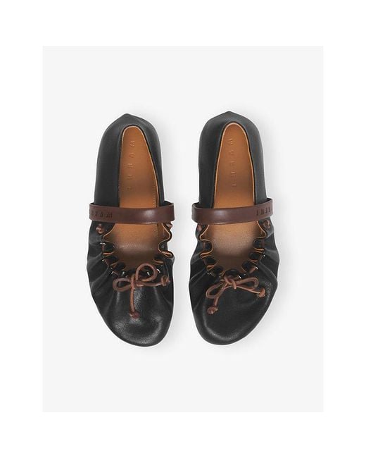 Marni Black Branded Leather Ballet Flats