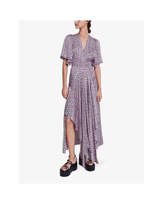 Maje Purple Graphic-print Shirred-waist Woven Midi Dress