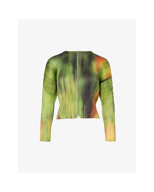 Pleats Please Issey Miyake Green Turnip And Abstract-pattern Knitted Jacket