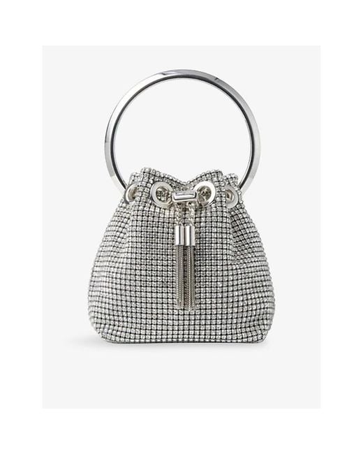Jimmy Choo White Bon Bon Micro Crystal-Embellished Mesh Top-Handle Bag