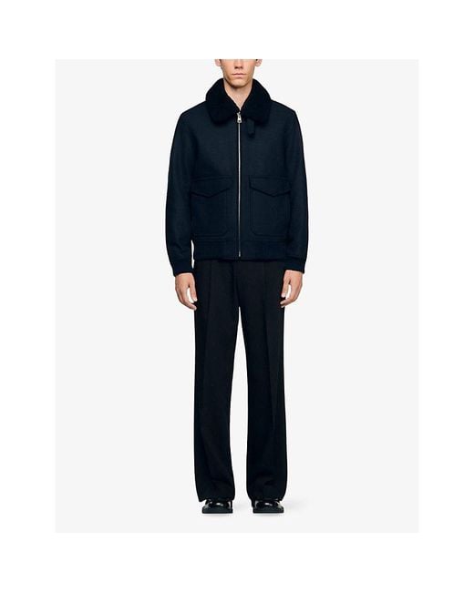 Sandro Black Shearling-Collar Wool-Blend Aviator Jacket for men