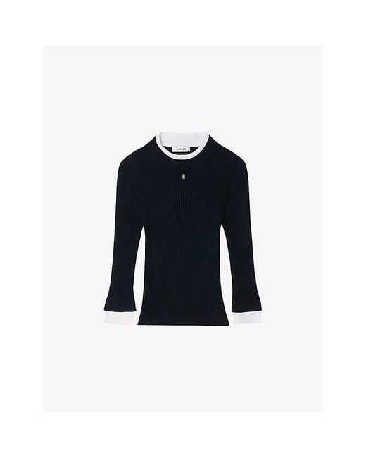 Sandro Blue Brand-Plaque Layered-Trim Knitted Jumper