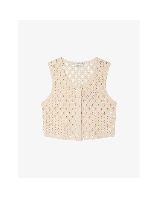 Sandro Natural Cropped Bead-Embellished Crochet Cardigan