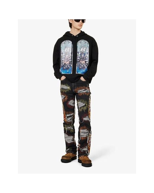 Who Decides War Black Faded-wash Graphic-print Regular-fit Straight-leg Jeans for men