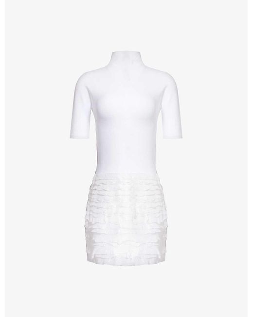 Alaïa White High-neck Ruffle-hem Knitted Mini Dress