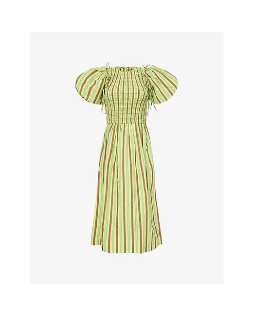 Damson Madder Green Becca Striped Cotton-Poplin Midi Dress