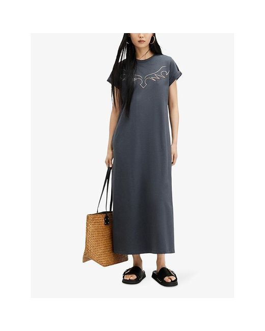 AllSaints Blue Randal Anna Western-embroidered Relaxed-fit Organic-cotton Maxi Dress