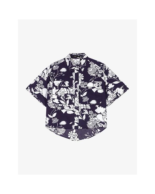 Maje Blue Floral-print Cropped Cotton Shirt