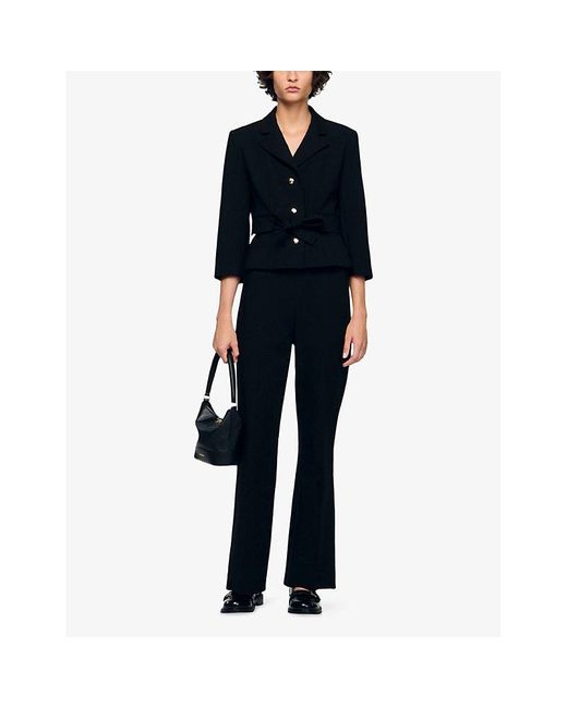 Sandro Black Button-Embellished Wide-Leg High-Rise Stretch-Woven Trousers