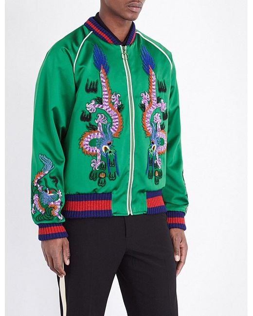 Gucci Green Dragon Embroidered Silk Bomber Jacket for men