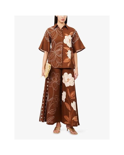 VERANDAH Brown Floral-Print Bell-Sleeve Cotton And Linen-Blend Shirt