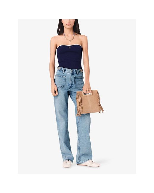 Maje Blue Strapless Logo-Plaque Stretch-Knit Bustier Top
