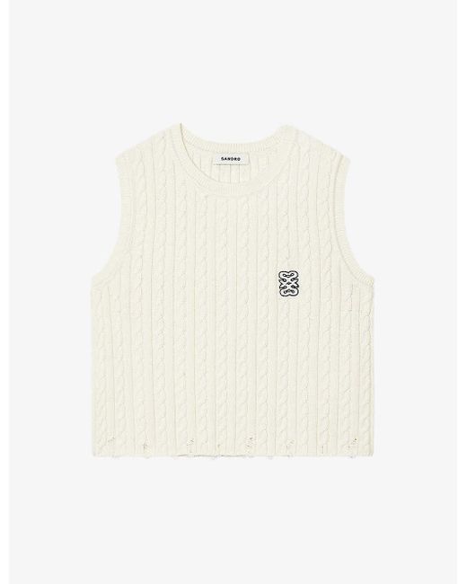 Sandro White Logo-embroidered Cable-knit Cotton And Wool-blend Top