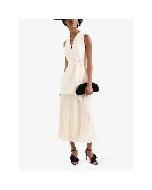 Phase Eight White Pia V-Neck Pleated Stretch-Woven Midi Dress
