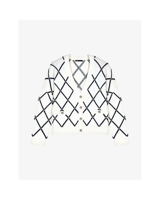 Maje White Diamond-pattern V-neck Knitted Cardigan