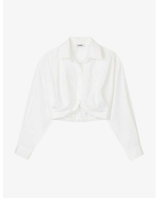 Sandro White Curved-hem Cropped Cotton Shirt