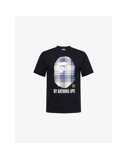 A Bathing Ape Black Checked Graphic-Print Short-Sleeve Cotton T-Shirt for men