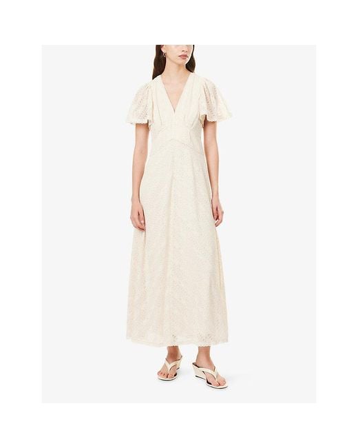 ME+EM Natural V-Neck Flared Lace Maxi Dress