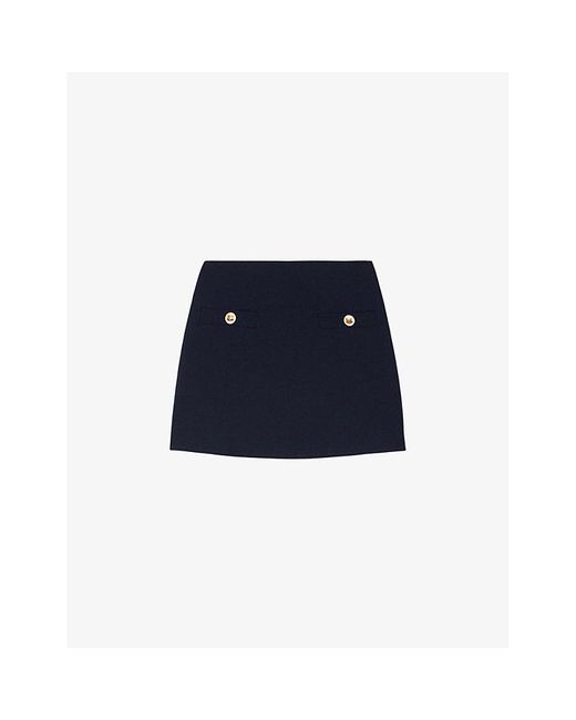 Sandro Blue Button-embellished Wool-blend Twill Mini Skirt