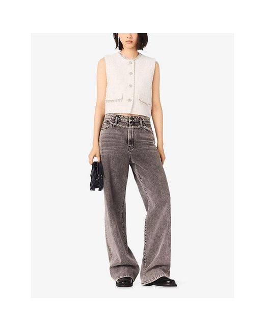 Maje White Sleeveless Bead-Embellished Tweed Jacket