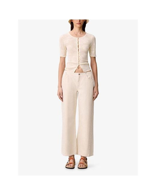 Claudie Pierlot Natural Floral-Motif Short-Sleeve Knitted Cardigan