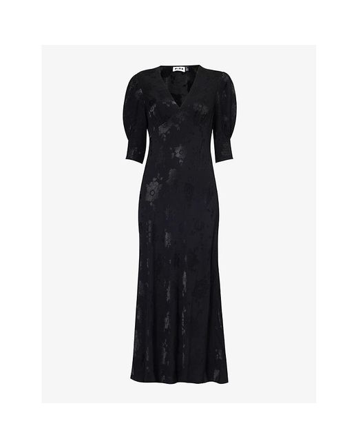 Rixo Black Zadie Floral-pattern Satin Midi Dress