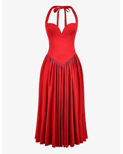 House Of Cb Red Coquette Sweetheart-neck Stretch-cotton Midi Dress