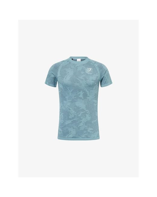GYMSHARK Blue Geo Seamless Stretch-Woven T-Shirt for men