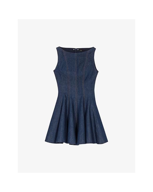 Maje Round-Neck Flared-Skirt Stretch-Denim Mini Dress in Blue | Lyst