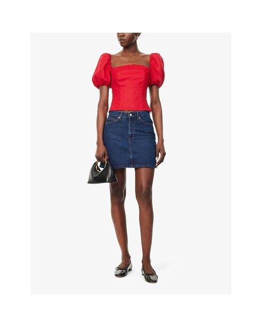 Reformation Blue Lydia Contrast-stitching Organic Denim-blend Mini Skirt