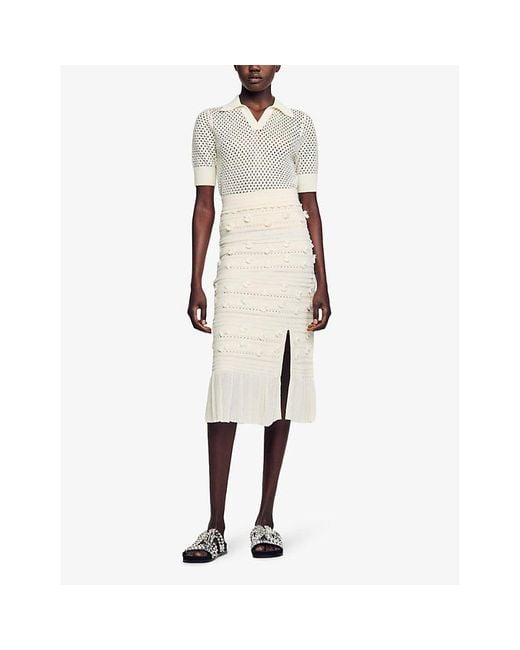 Sandro White Pom-pom Embellished Stretch-knit Midi Skirt