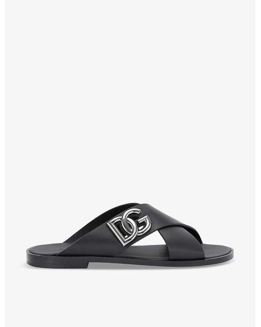 Dolce & Gabbana Black Logo-plaque Cross-over Leather Sandals for men