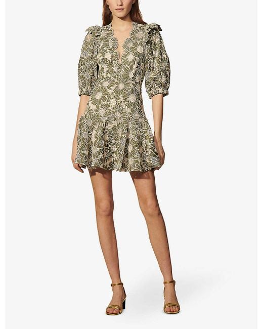 Sandro Audrey Floral-embroidered Cotton Mini Dress in Green | Lyst