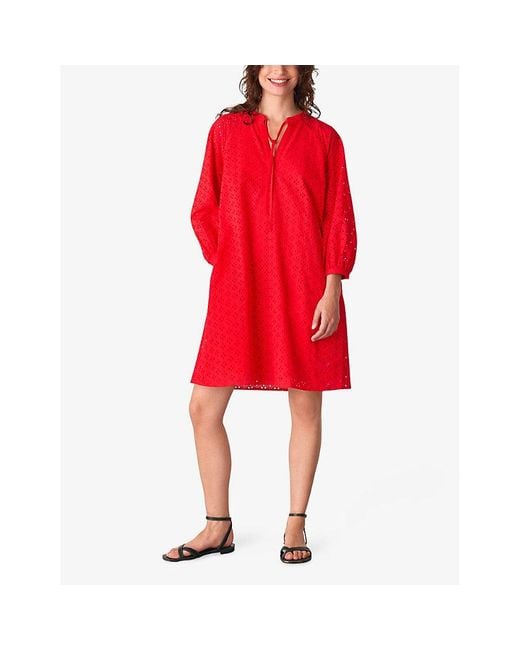 Whistles Red Broderie V-Neck Cotton Mini Dress