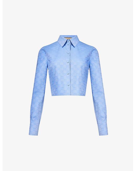 Gucci Blue Brand-pattern Cropped Regular-fit Cotton Oxford Shirt