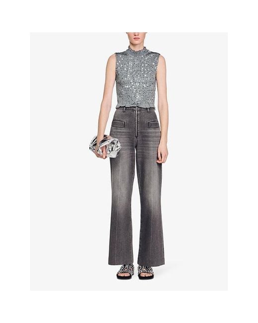 Sandro Gray Sequin-embellished Slim-fit Stretch-woven Top