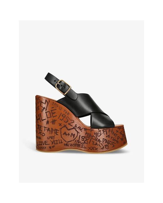 Chloé Brown Maxine Engraved-Sole Cowhide Wedge Sandals