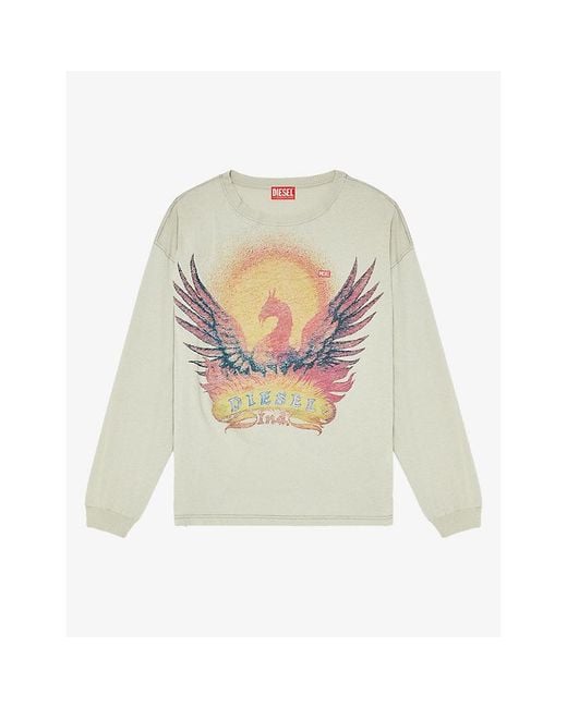 DIESEL White Pheonix-Graphic Long-Sleeve Cotton T-Shirt for men